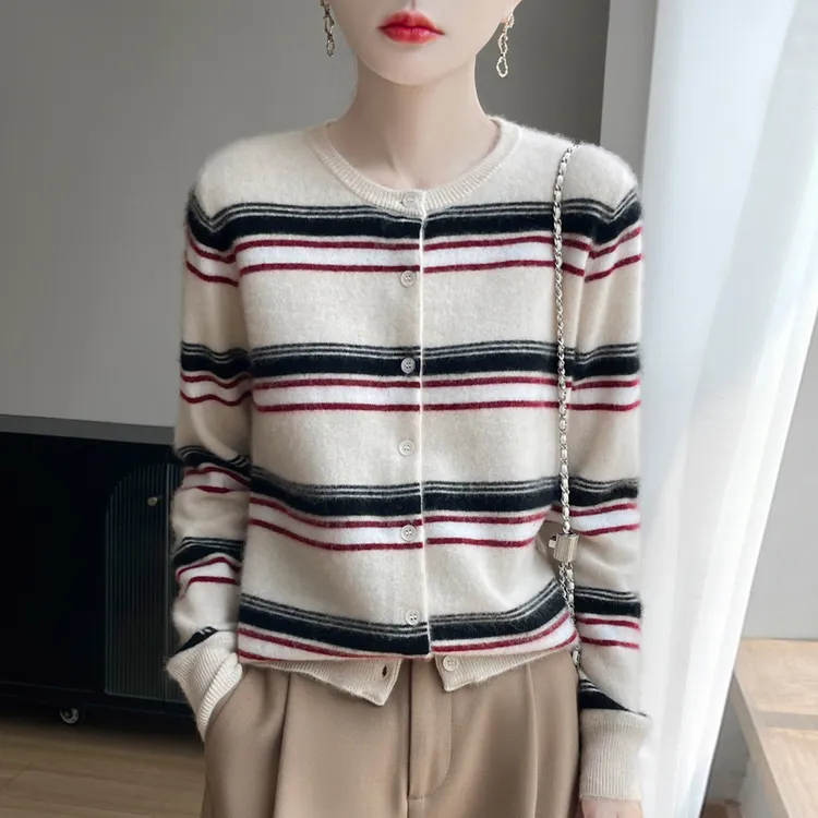 秋季新款条纹羊毛针织圆领开衫长袖女宽松减龄毛衣外套上衣外穿潮
