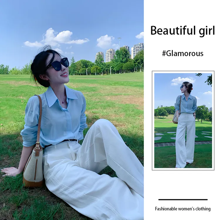 大方得体穿搭一整套女早秋新款韩系翻领长袖衬衫休闲直筒裤两件套