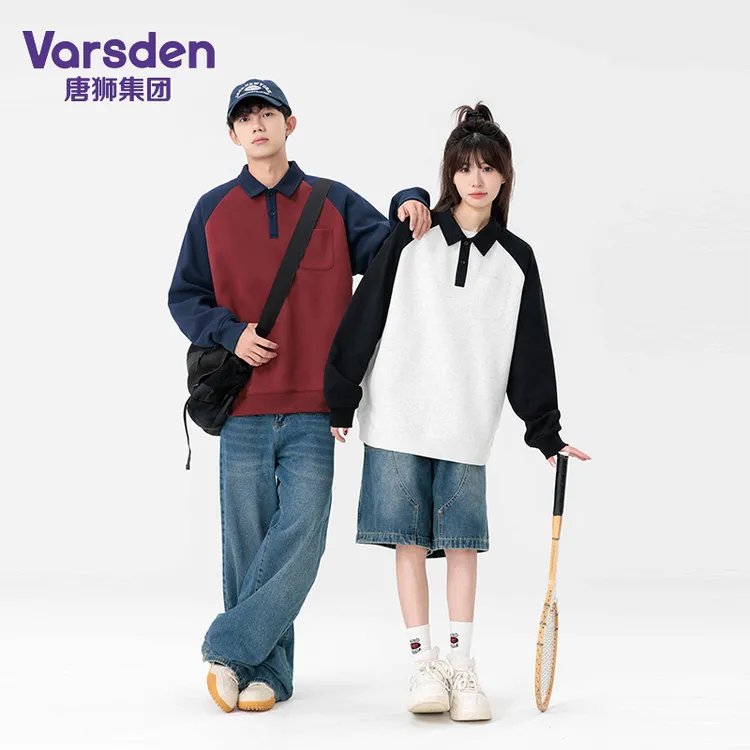 唐狮集团Varsden美式翻领长袖POLO衫男春秋拼色学院风情侣款卫衣