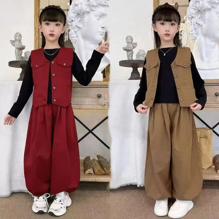 女童套装2025秋装新款儿童洋气时髦工装马甲长袖打底衫裤子三件套