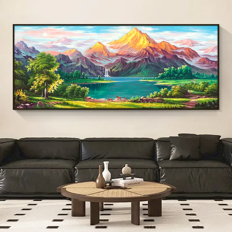 手绘油画【金山聚宝盆】美式客厅装饰画福鹿办公室挂画山水风景油画