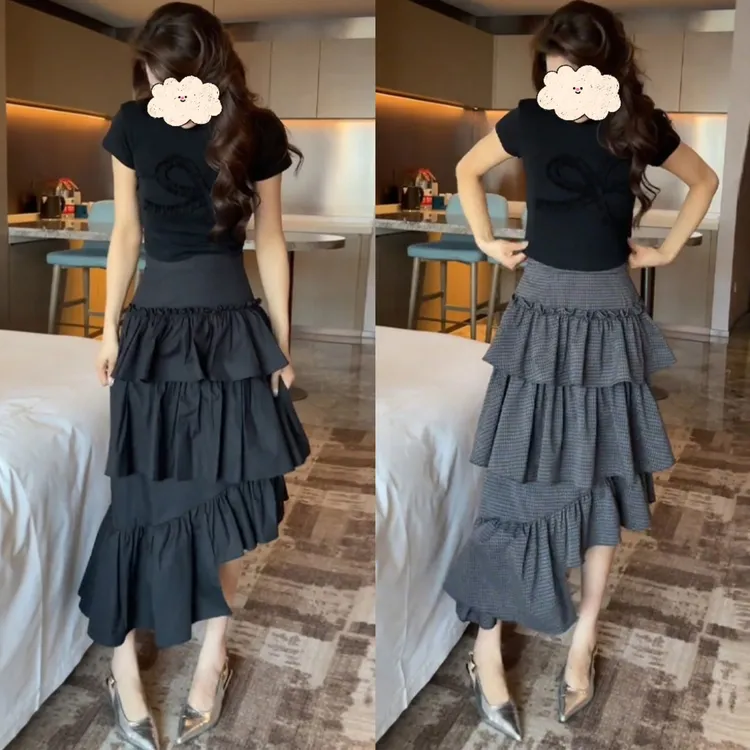 夏装韩系时尚设计感不规则百搭黑色短袖修身遮胯显瘦半身裙两件套