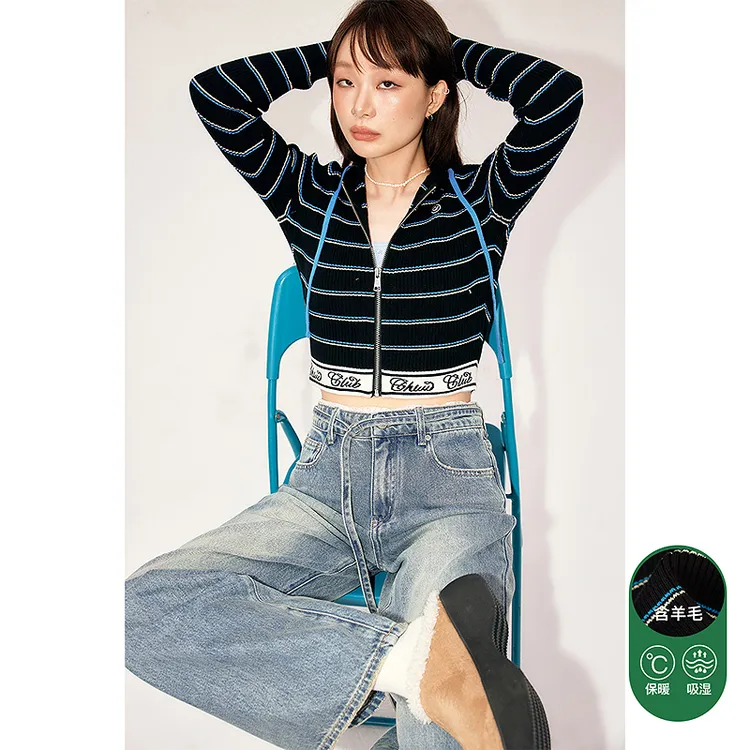 CHUU冬季女装条纹撞色设计辣妹风修身显瘦减龄风叠穿针织衫