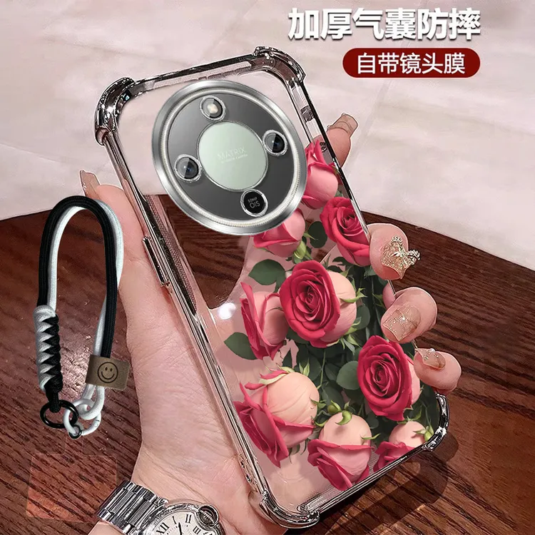 高颜值玫瑰适用荣耀x70手机壳四角防摔X70全包带镜头膜女士软硅胶