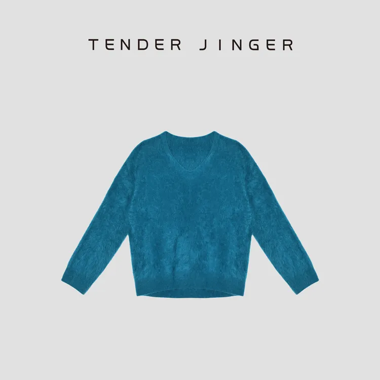 Tender Jinger【黑标】纯山羊绒拉绒V领无缝一体套头衫T54DDC50071