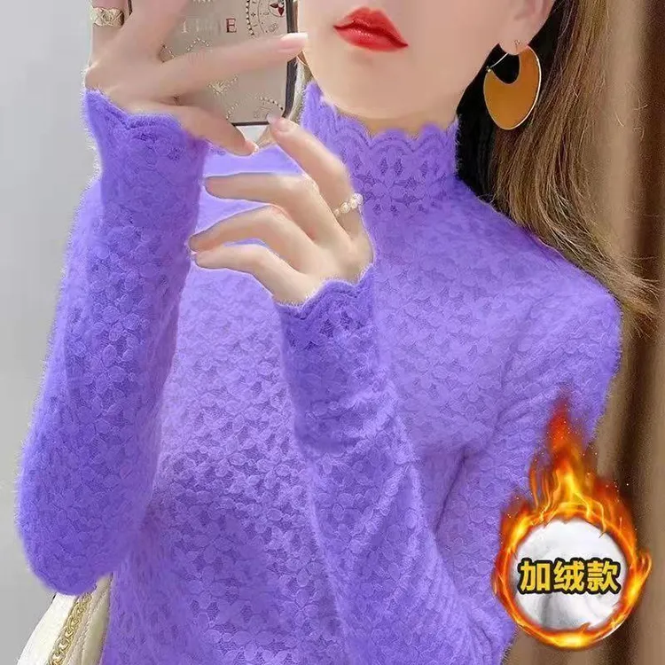 加厚加绒洋气百搭女士秋冬季蕾丝打底衫女中青年短款棉%聚酯纤