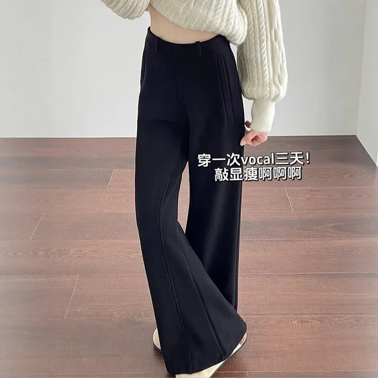黑色不贴腿微喇裤大码秋冬仿羊绒运动加绒裤子女款今年流行梧桐裤