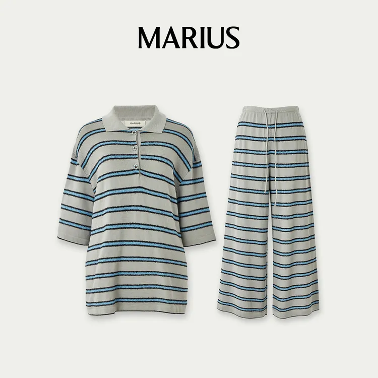 MARIUS MIU系经典平行线休闲条纹POLO衫 