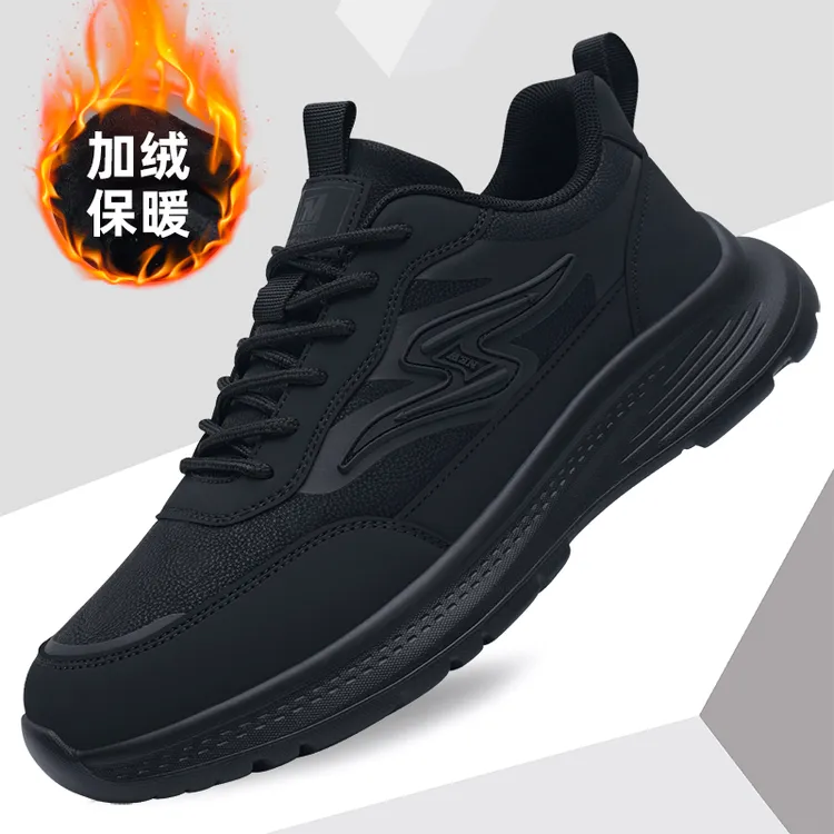 莎蓓莉男鞋2025新款冬季加绒保暖运动鞋子男士厚底全黑二棉休闲鞋