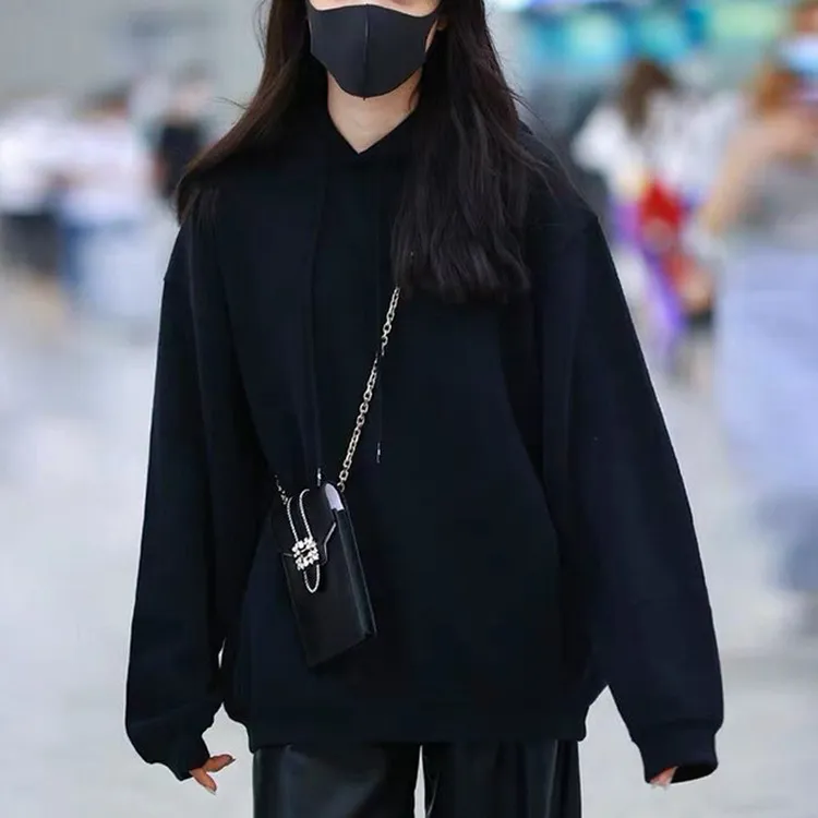 2025冬季韩版中长款明星同款上衣批发连帽纯色宽松卫衣女百搭系带