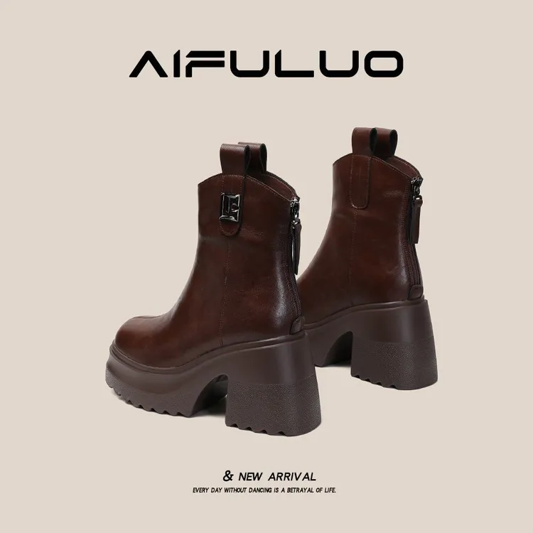 10cm粗跟后拉链时尚百搭秋冬真皮女鞋小个子短靴加绒增高马丁靴女