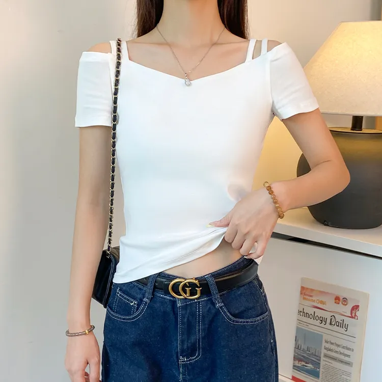 白色一字肩V领短袖t恤女夏季修身露锁骨打底衫百搭显瘦露肩上衣潮