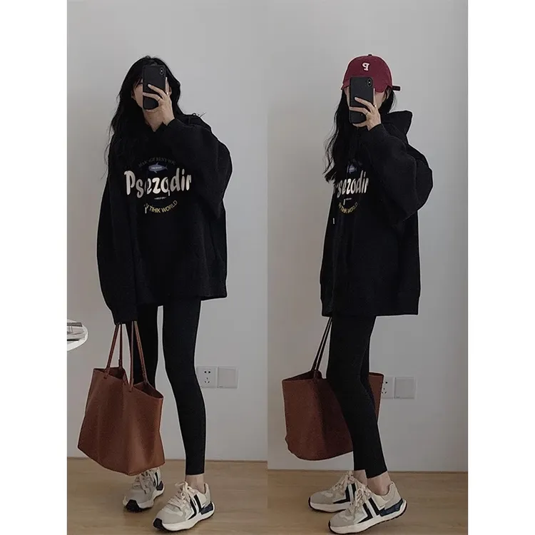 早秋美式复古oversize连帽卫衣女高级感加绒加厚宽松小个子薄外套