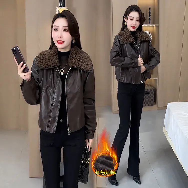 时尚加绒加厚短款皮衣外套女2025冬季新款保暖显瘦PU皮棉袄夹克潮
