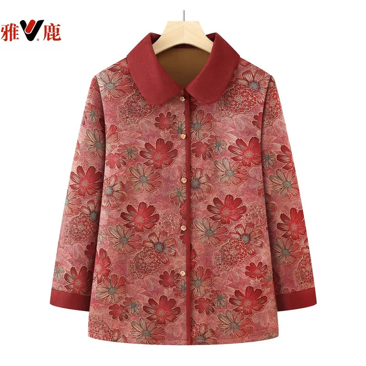 雅鹿优选妈妈秋季新款翻领厚衬衫中老年人衣服女60岁70奶奶装春秋