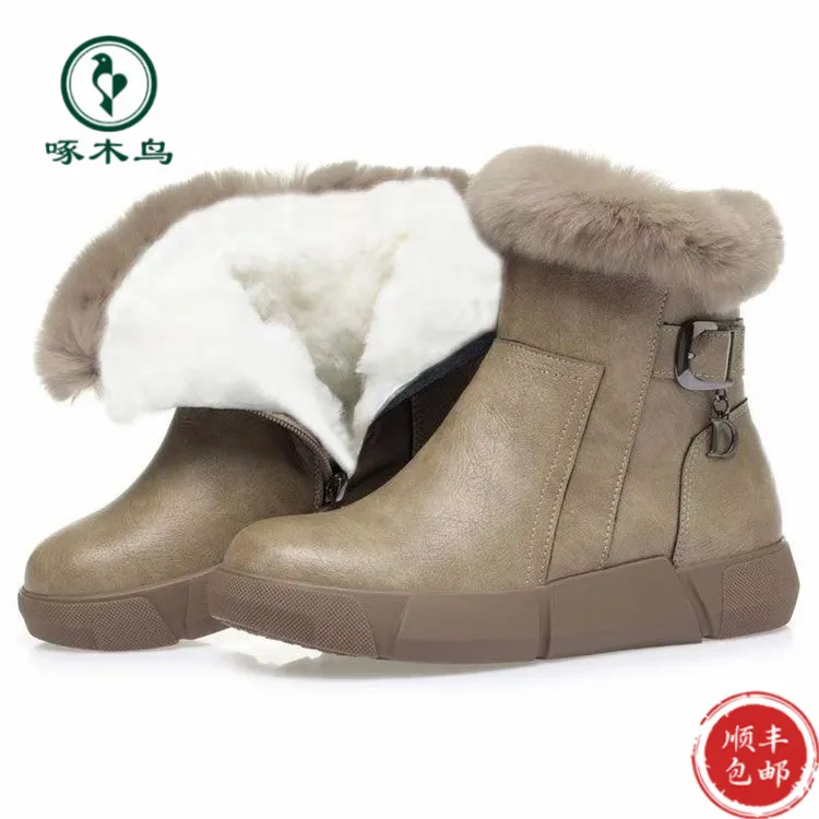 啄木鸟防水雪地靴女冬季磨砂短靴厚底粗跟百搭加厚棉鞋保暖棉靴