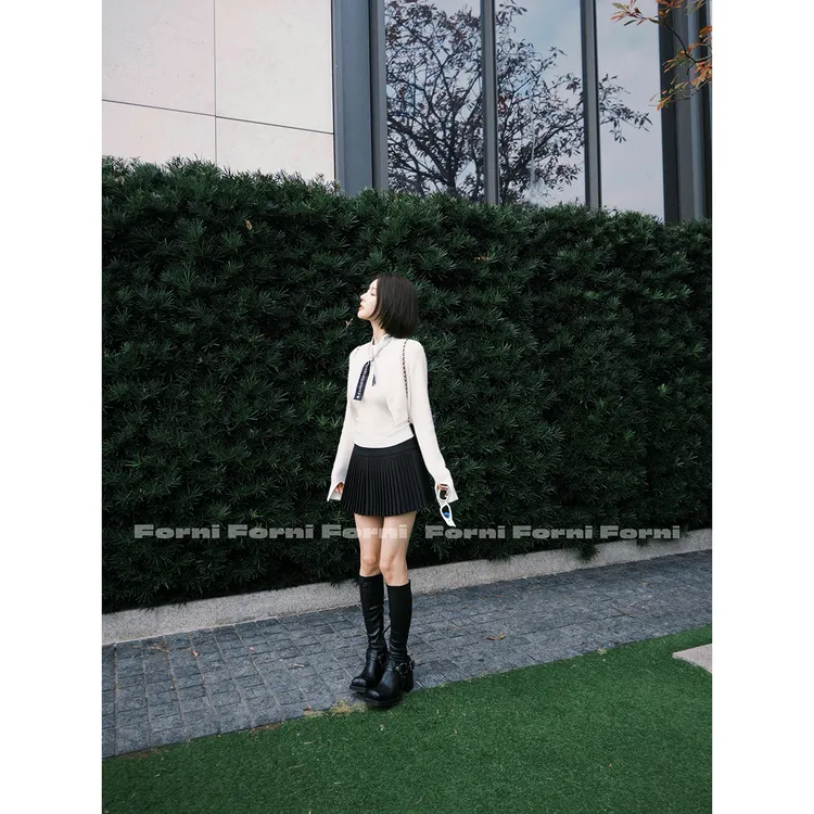 FORNI 百变少女 秋冬学院风高腰裙短款黑色半身裙甜美百褶裙子女