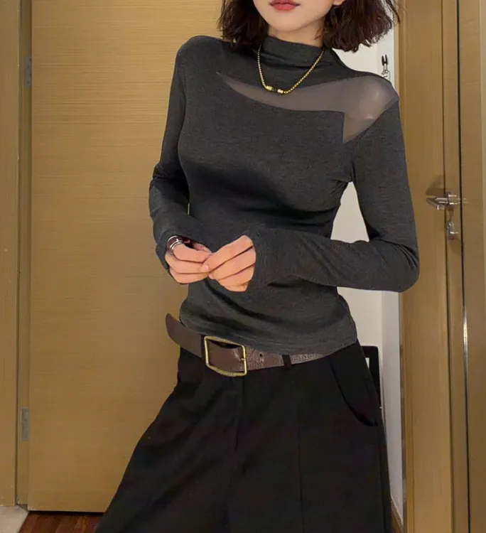 秋冬新款半高领网纱【加绒锁温】修身显瘦打底衫T恤气质百搭女上衣