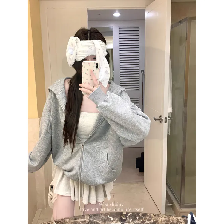 白水女 主推!!淡颜系美女 空气感连帽卫衣开衫女秋季韩系宽松外套
