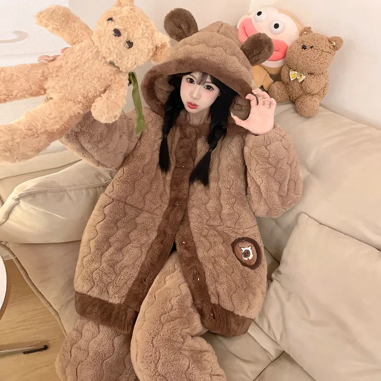 冬睡衣女款爆款2025新款三层夹棉法兰绒加厚加绒家居服珊瑚绒套装