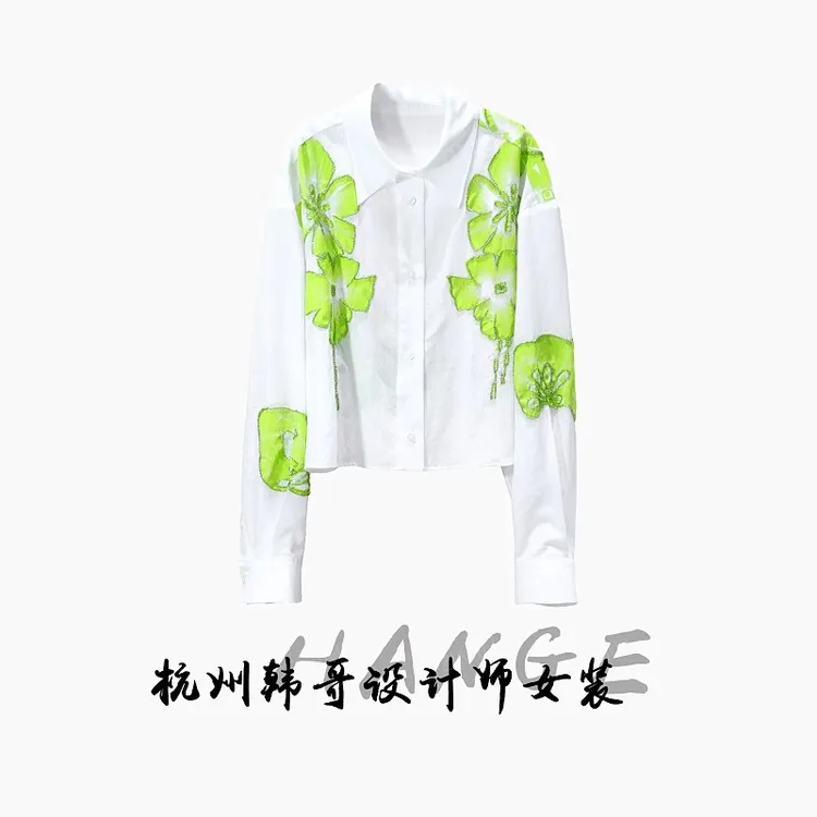 【韩哥女装】2025夏轻薄透气珍珠白撞色贴布绣时尚休闲衬衫8605-C8