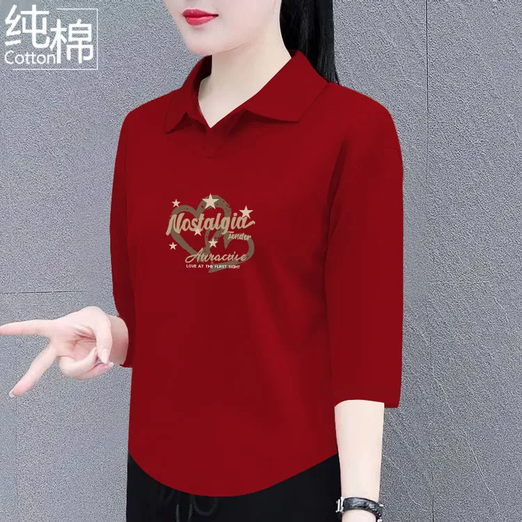 纯棉七分袖t恤女夏季新款翻领百搭宽松显瘦时尚洋polo领上衣