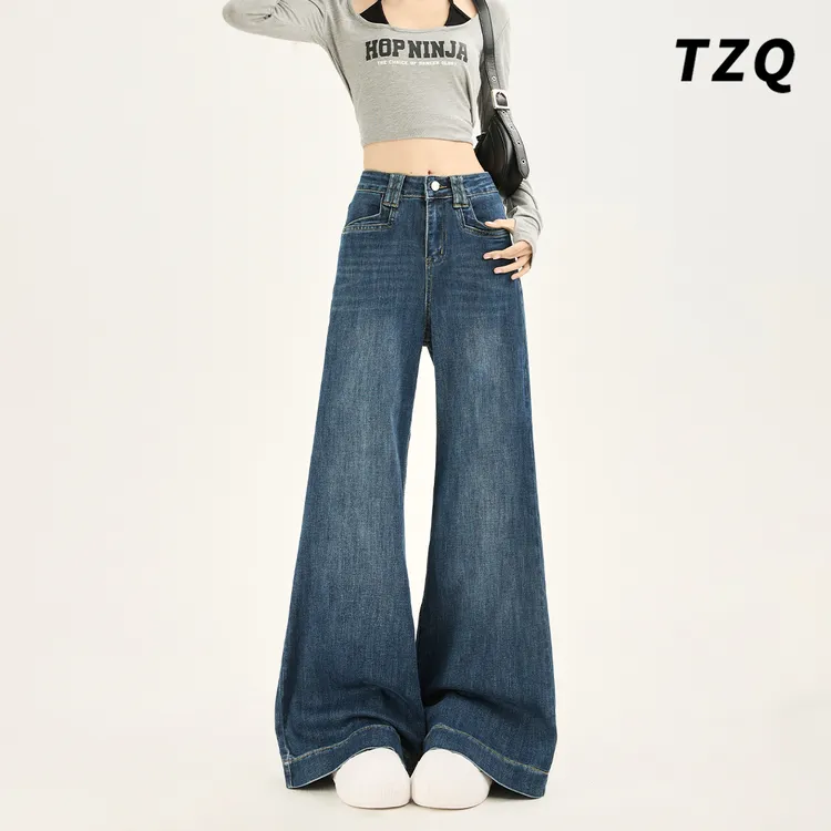 美式复古蓝高腰拖地牛仔裤女2025秋宽松显瘦垂感阔腿裤TZQ2590455