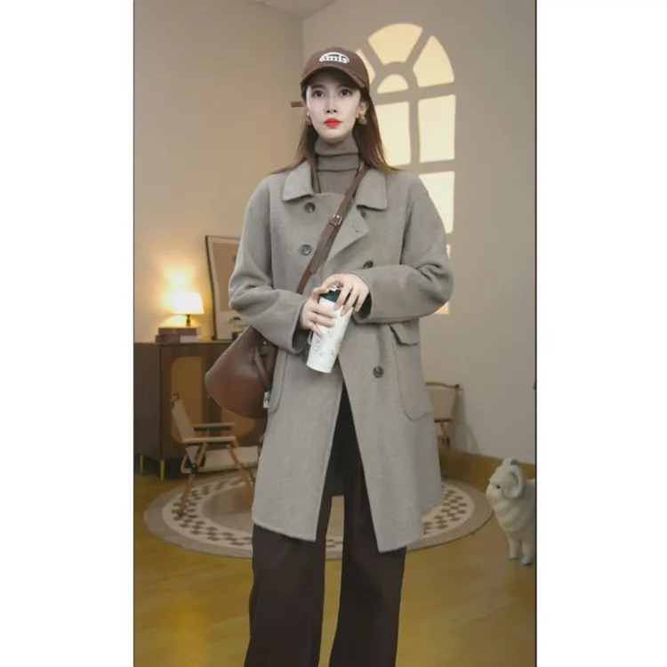 【专柜正品】双面绵羊毛大衣宽松气质中长款毛呢外套82035韩系外套