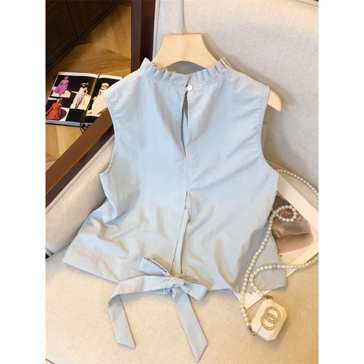 蓝色无袖短款上衣女夏法式独特娃娃衫后背镂空小衫小个子卡腰衬衫