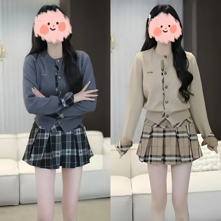 英伦学院风套装秋冬2025新款小个子针织开衫格子半身裙两件套女
