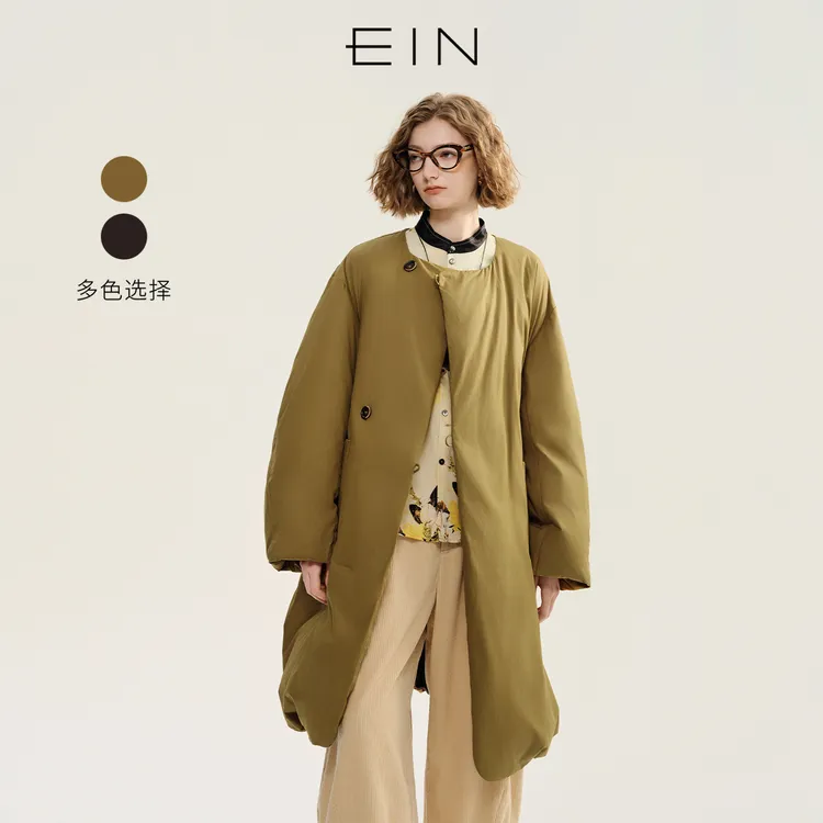 EIN/言轻中式鹅绒圆领偏襟复古休闲文艺长羽绒服女2025秋冬新款