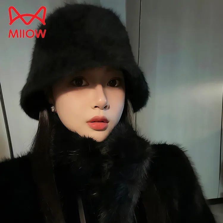 猫人秋冬季兔毛渔夫帽防寒保暖护耳水桶帽大头显脸小素颜盆帽子女