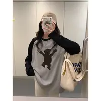 清-秋季宽松圆领男女撞色印花ins长袖T恤棉插肩款时尚休闲25095