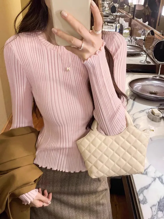 韩系穿搭长袖粉色内搭打底针织衫女秋冬小众别致洋气绝美显瘦上衣