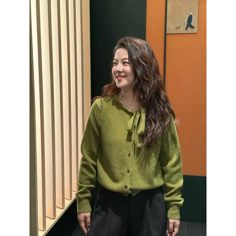 WenWen小个子韩版秋冬新款圆领绑带设计套头针织衫时尚毛衣4483