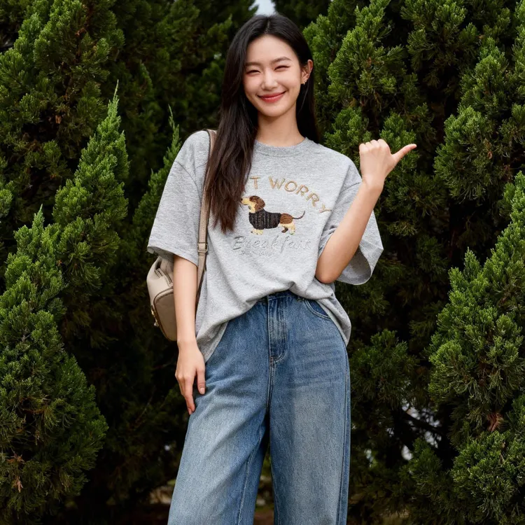 爆款网红洋气炸街女装短袖中长款圆领显白印花灰色T恤复古宽松