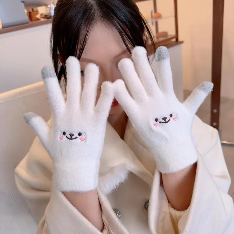 手套女冬季加绒加厚防寒保暖手套骑车女士分指触屏笑脸刺绣学生
