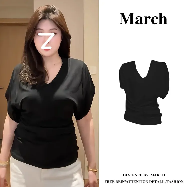 大码夏季V领设计感短袖T恤女2025新款胖MM显瘦收腰气质上衣-11081