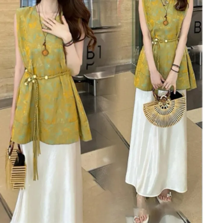 新中式连衣裙套装女2025夏季新款洋气提花马甲背心半身裙三件套潮