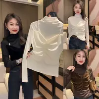 2025洋气百搭显瘦女抗皱拼接欧式高领秋冬褶皱长袖半高领气质T恤