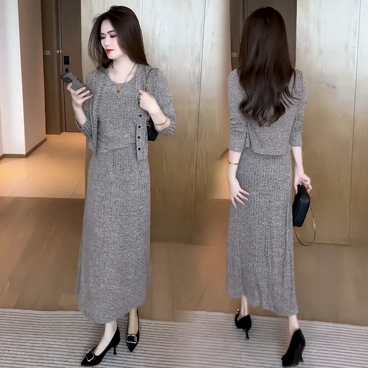 时尚气质连衣裙套装女2025春季新款洋气针织开衫背心半身裙三件套