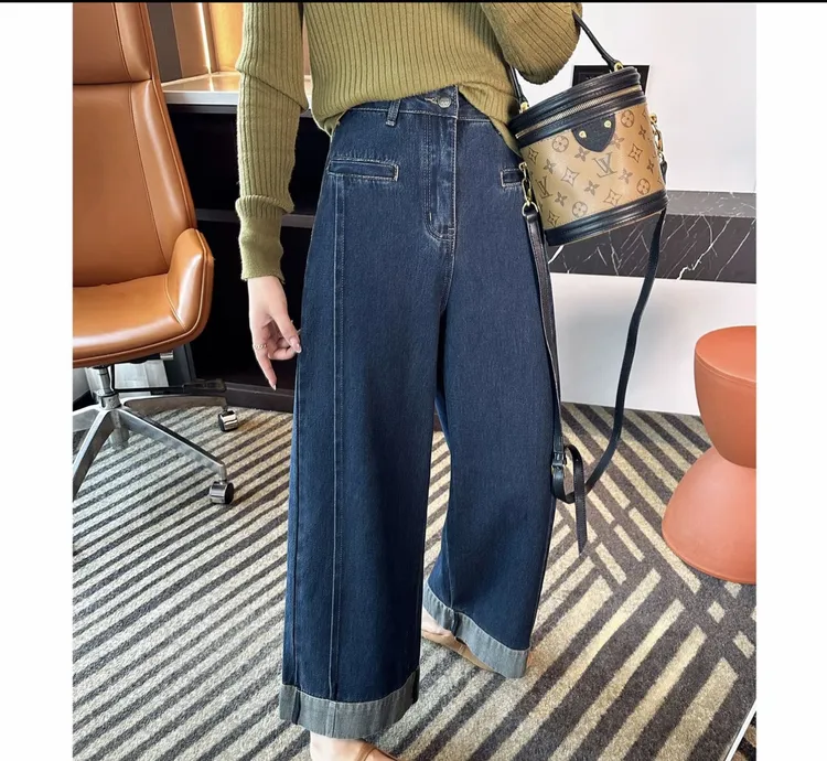 丹宁蓝折边阔腿牛仔裤女2025秋季新款梨形身材遮胯显瘦直筒九分裤