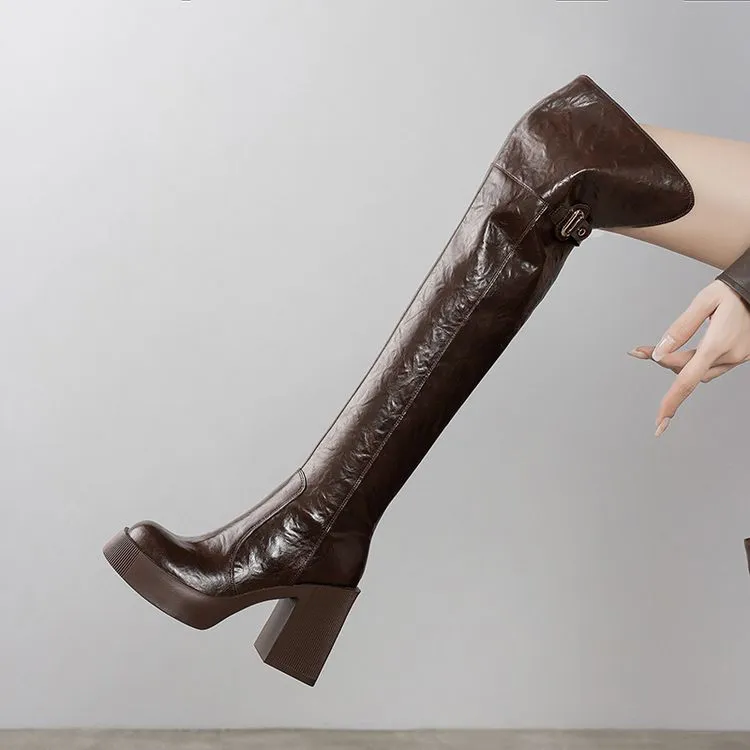 超显腿长10cm真皮骑士靴厚底防水台单靴过膝长靴女小个子长筒靴子