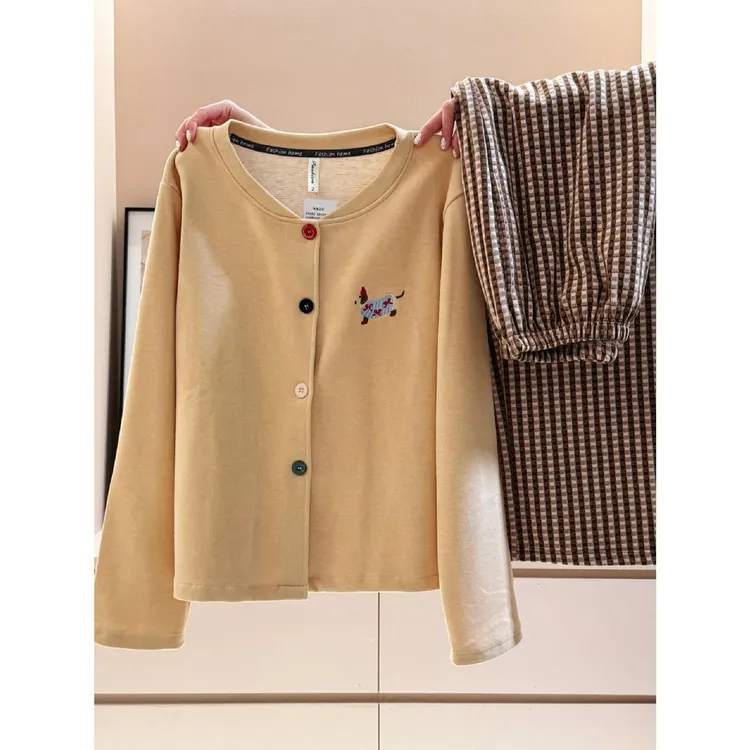 韩版可爱腊肠狗印花德绒睡衣女秋冬新款宽松保暖家居服套装可外穿