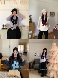 知葵微胖定制【秋野花集】秋冬韩系慵懒风花朵软糯多色针织毛衣0302