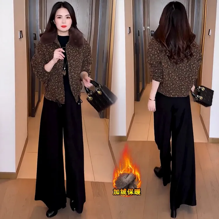 加绒加厚印花短外套女2025冬季新款洋气小个子加厚保暖大毛领夹克