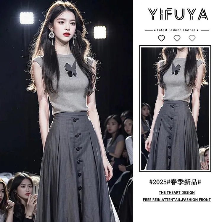 港风穿搭显瘦套装女2025夏季法式气质修身上衣+高腰长款半身裙子