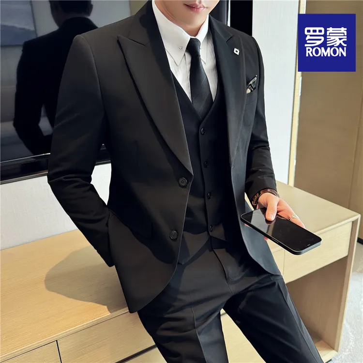 Romon/罗蒙男士商务休闲职业正装西服套装免烫修身结婚新郎婚礼装