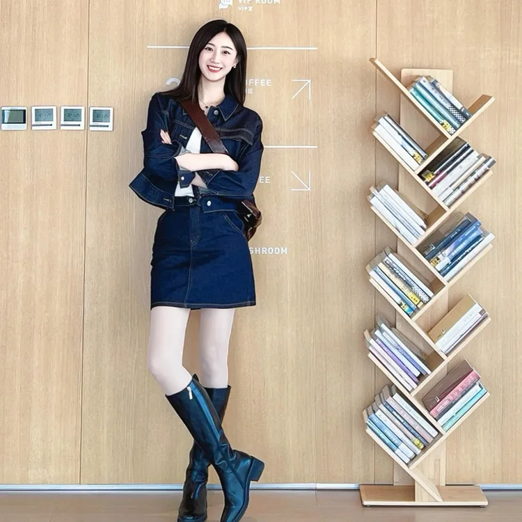 春秋新款复古气质原色深蓝牛仔外套高腰显瘦A字半身裙裤两件套女