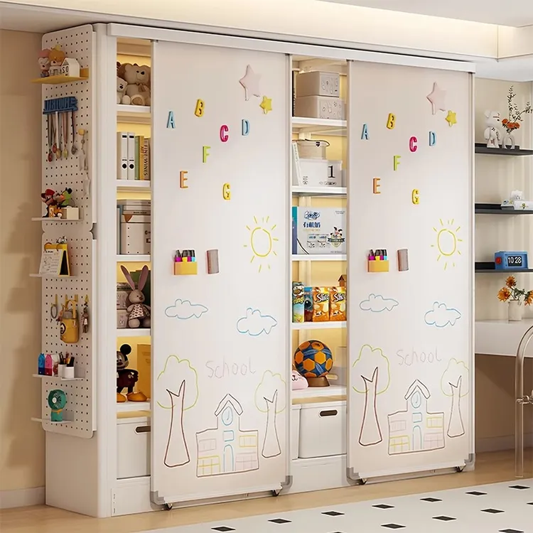 家用带白板推拉门书架客厅书房一体靠墙书柜儿童绘本架防尘收纳柜